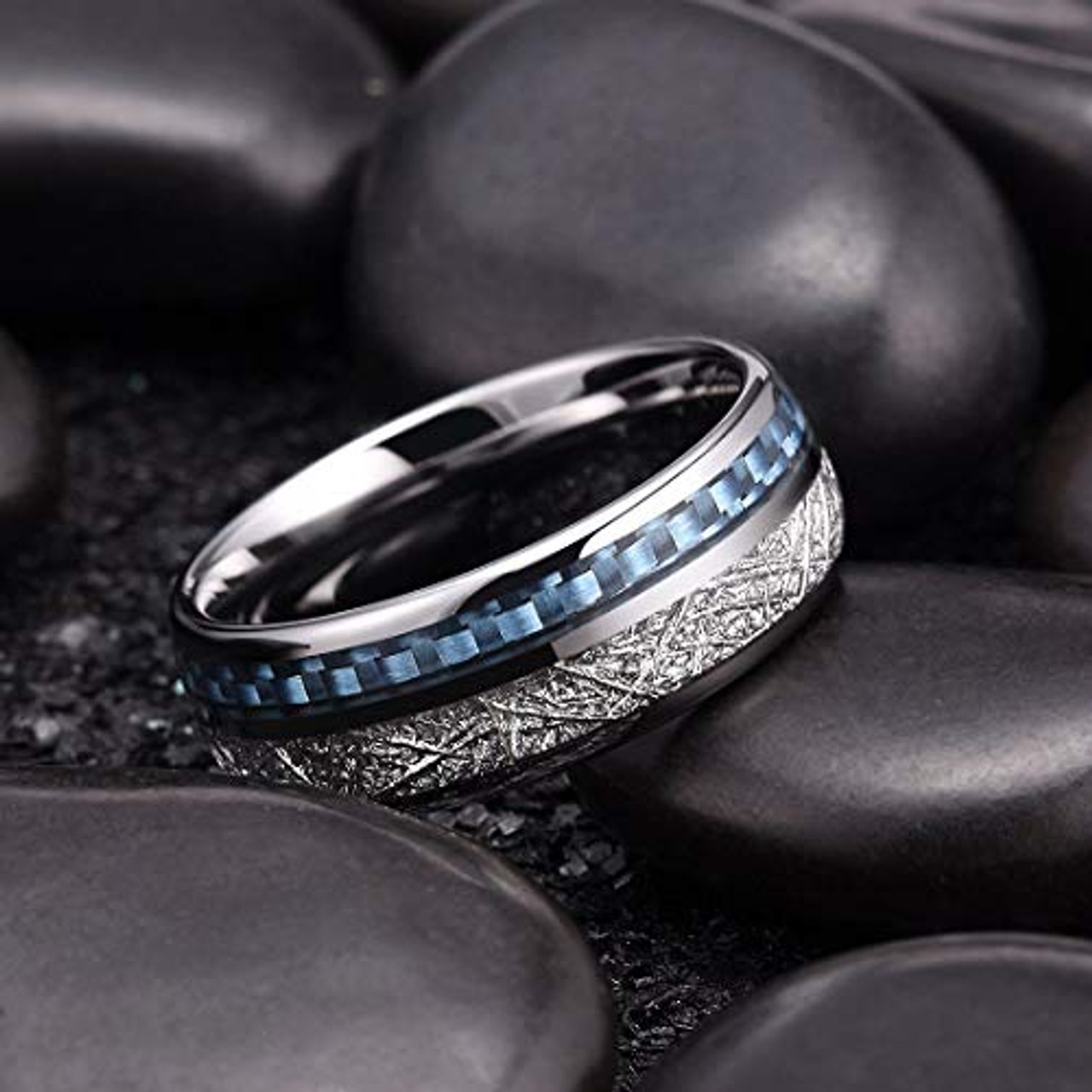 (8mm) Unisex, Women's or Men's Tungsten Carbide Wedding ring band. Domed Silver Band with Blue Carbon Fiber and Inspired Meteorite Inlay Ring