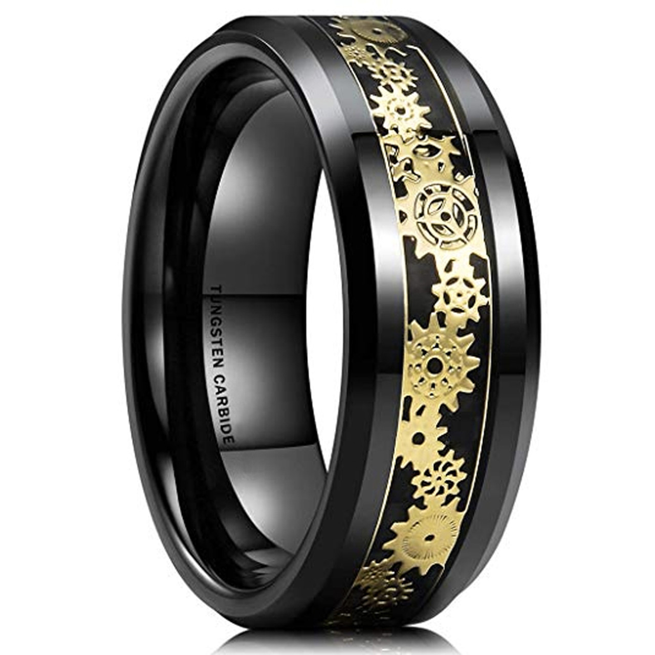 (8mm) Unisex or Men's Tungsten Carbide Wedding Ring Band. Black with Yellow Gold Watch Gear Resin Inlay Design Over Black Carbon Fiber.