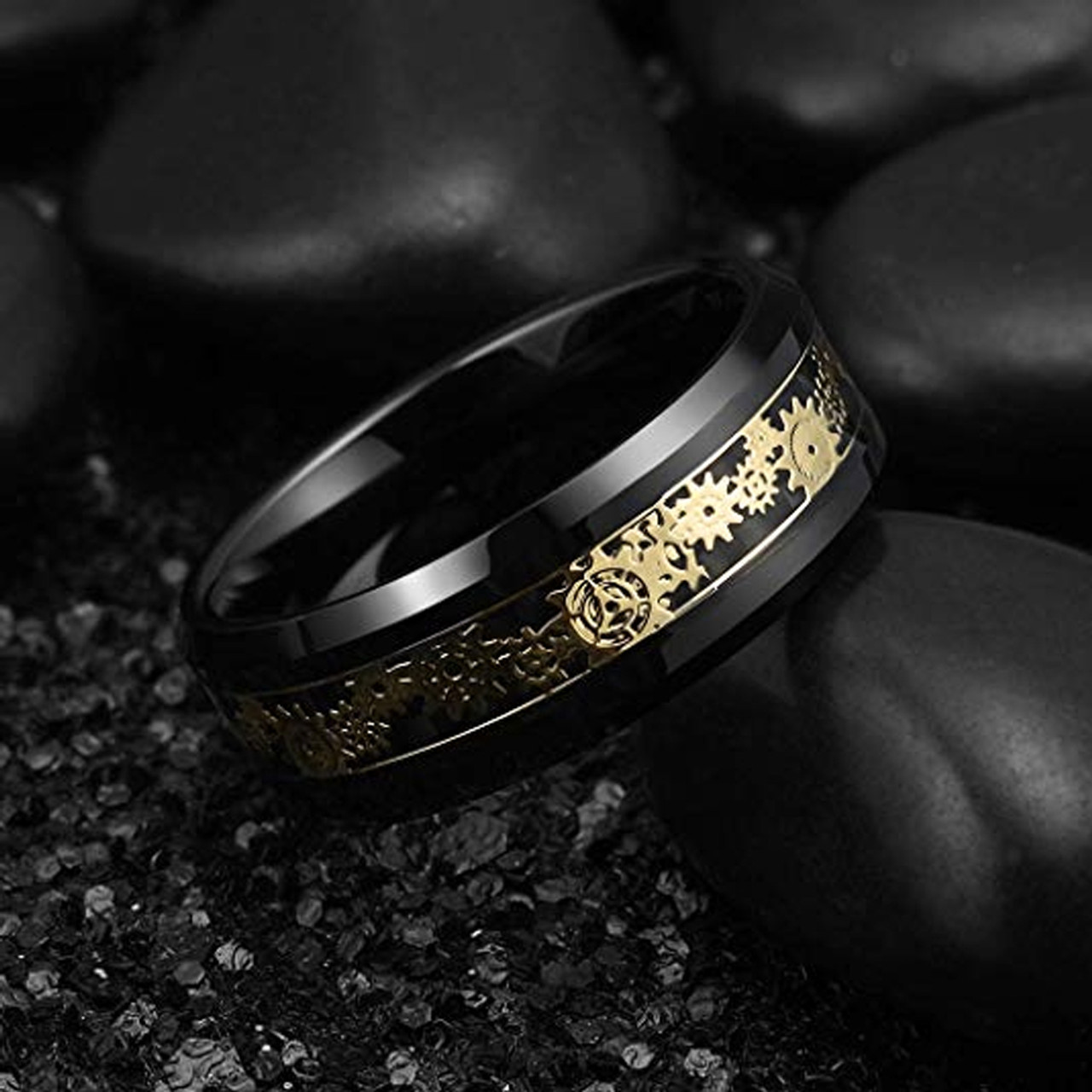 Black with Yellow Gold Men's Tungsten Ring or Band 6mm