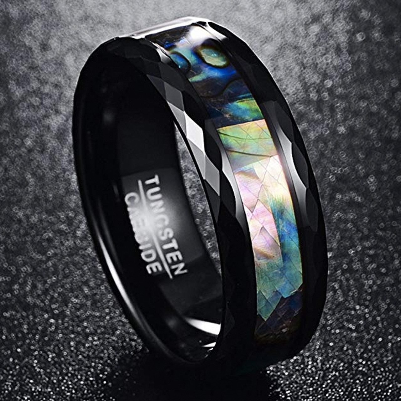 (8mm) Unisex or Men's Tungsten Carbide Wedding Ring Bands. Diamond Faceted Black Band and Multiple Color Rainbow Abalone Shell Inlay with Organic Tones.