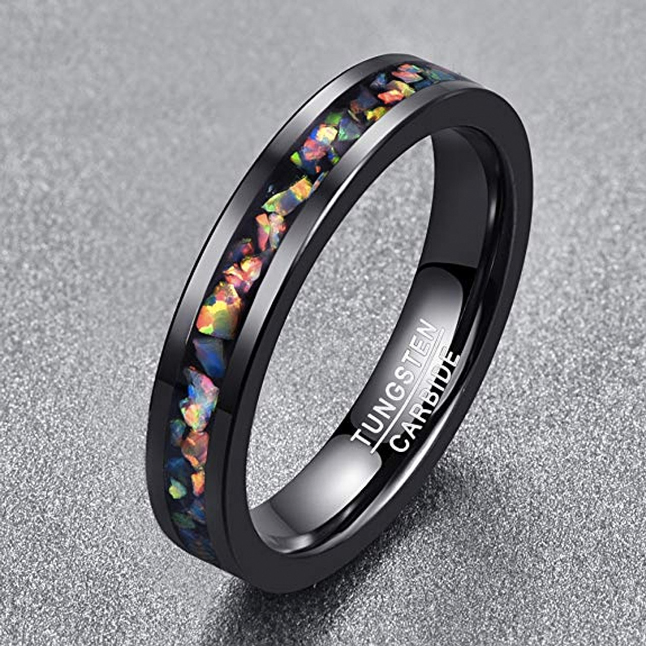 (5mm) Unisex or Women's Tungsten Carbide Wedding Ring Bands. Black Band and Multiple Color Rainbow Opal Inlay with Organic Tones.