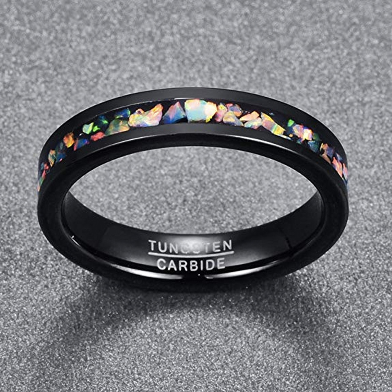 (5mm) Unisex or Women's Tungsten Carbide Wedding Ring Bands. Black Band and Multiple Color Rainbow Opal Inlay with Organic Tones.