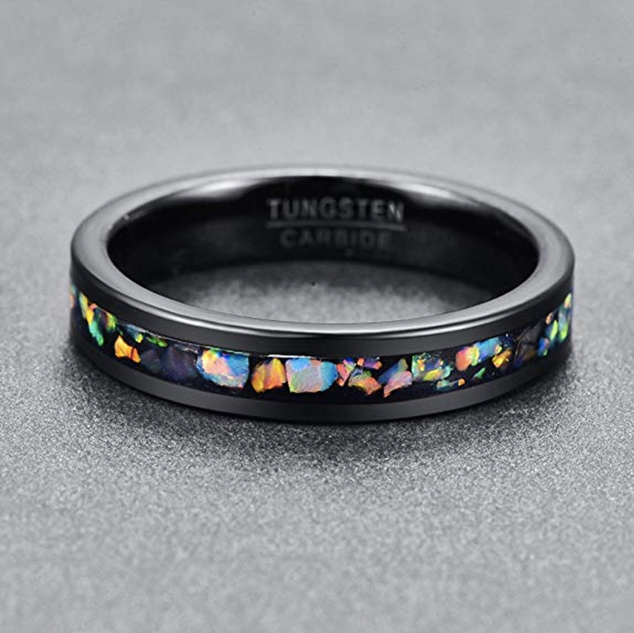 (5mm) Unisex or Women's Tungsten Carbide Wedding Ring Bands. Black Band and Multiple Color Rainbow Opal Inlay with Organic Tones.