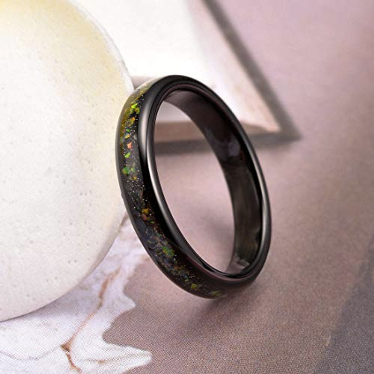 (5mm) Unisex or Women's Tungsten Carbide Wedding Ring Bands. Black Band and Multiple Color Rainbow Opal Inlay with Organic Tones.