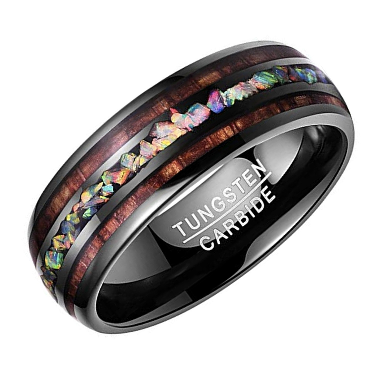 (8mm) Unisex or Men's Tungsten Carbide Wedding Ring Band - Black Tone Wood and Rainbow Opal Inlay Ring. 