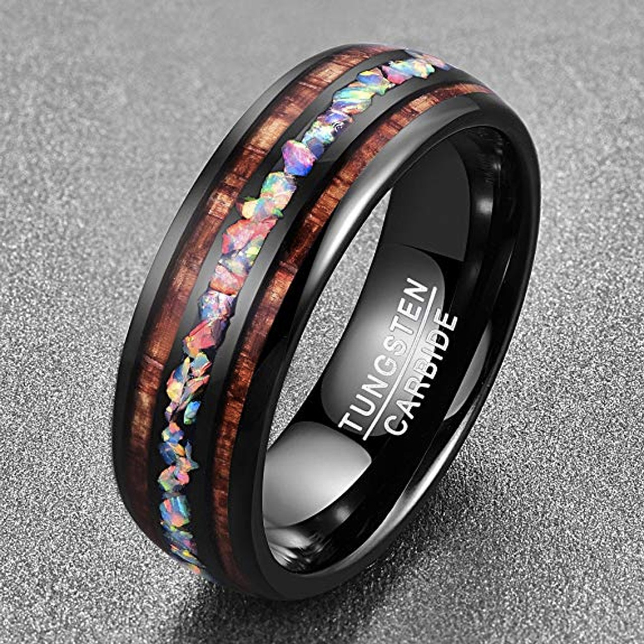 (8mm) Unisex or Men's Tungsten Carbide Wedding Ring Band - Black Tone Wood and Rainbow Opal Inlay Ring. 