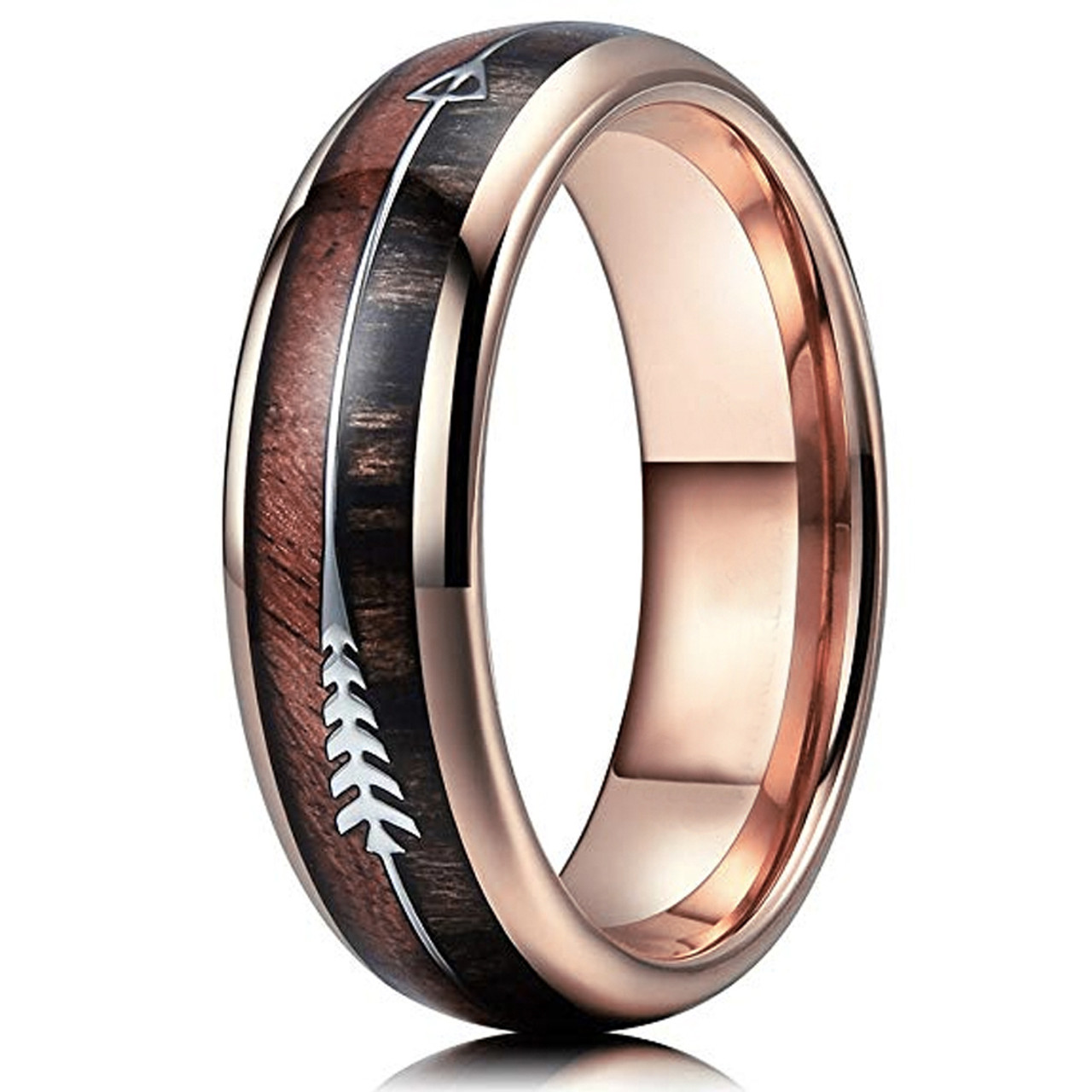 6mm - Unisex or Women's Tungsten Wedding Bands. Rose Gold Cupid's Arrow over Wood Inlay. Tungsten Ring with High Polish Dark Wood Inlay. Domed Top Ring.