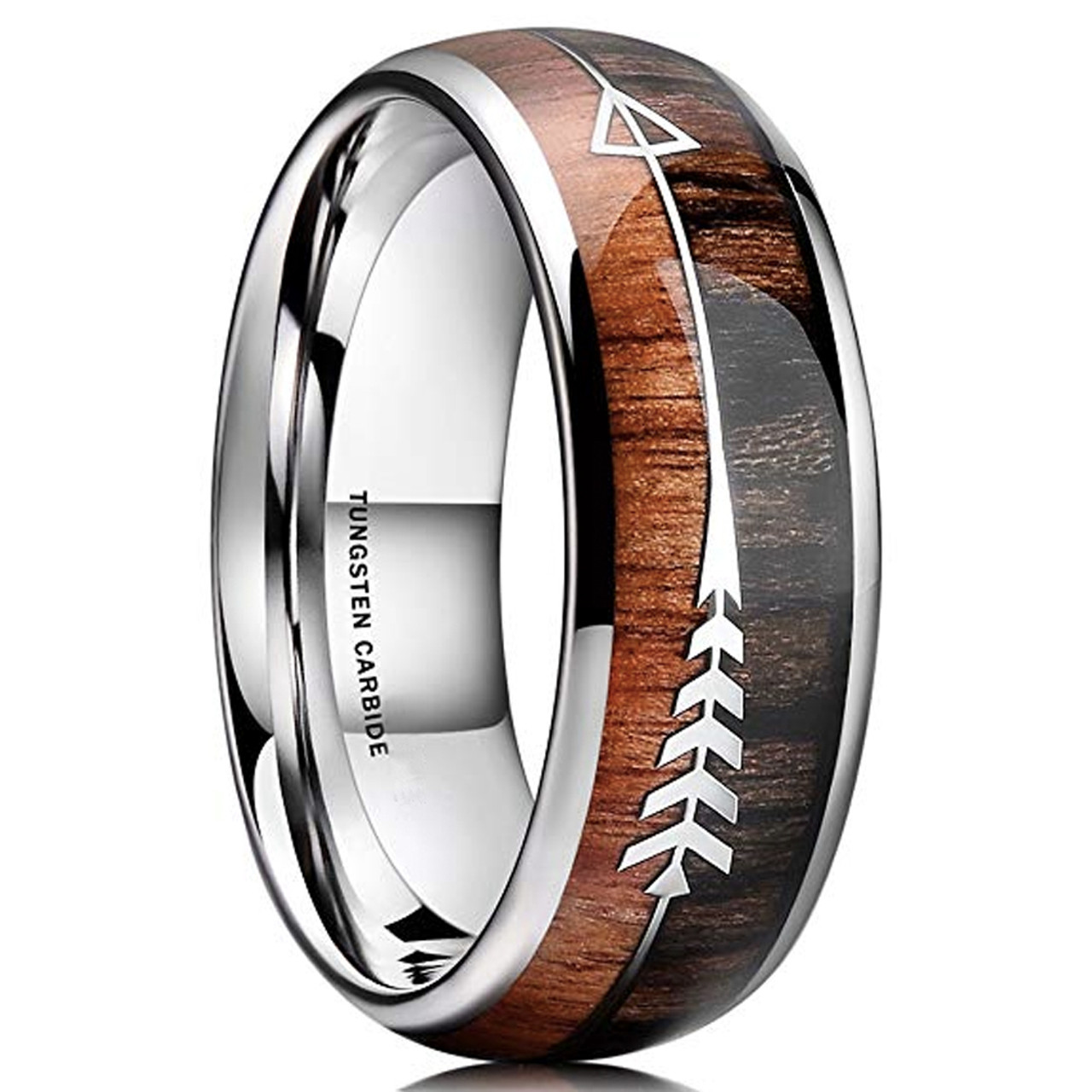 8mm - Unisex or Men's Tungsten Wedding Bands. Silver Cupid's Arrow over Wood Inlay. Tungsten Ring with High Polish Dark Wood Inlay. Domed Top Ring.