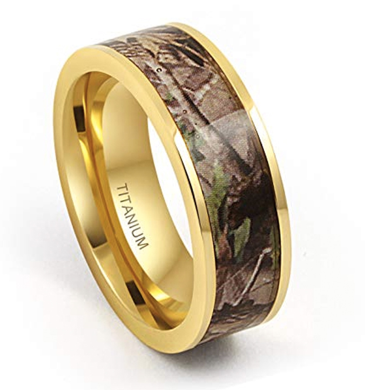 (8mm) Unisex or Men's Gold Tone with Brown, Green and Tan Camouflage Titanium Wedding Ring Band with Carbon Fiber Inlay