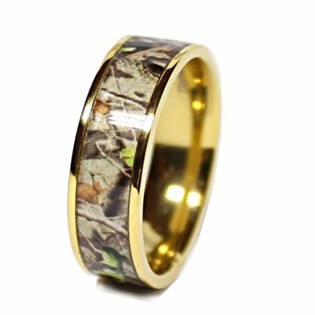 (8mm) Unisex or Men's Gold Tone with Brown, Green and Tan Camouflage Titanium Wedding Ring Band with Carbon Fiber Inlay