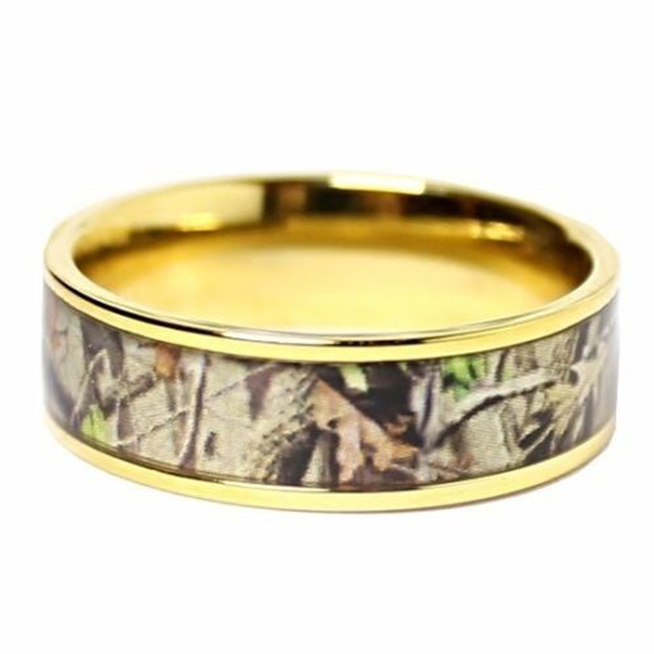 (8mm) Unisex or Men's Gold Tone with Brown, Green and Tan Camouflage Titanium Wedding Ring Band with Carbon Fiber Inlay