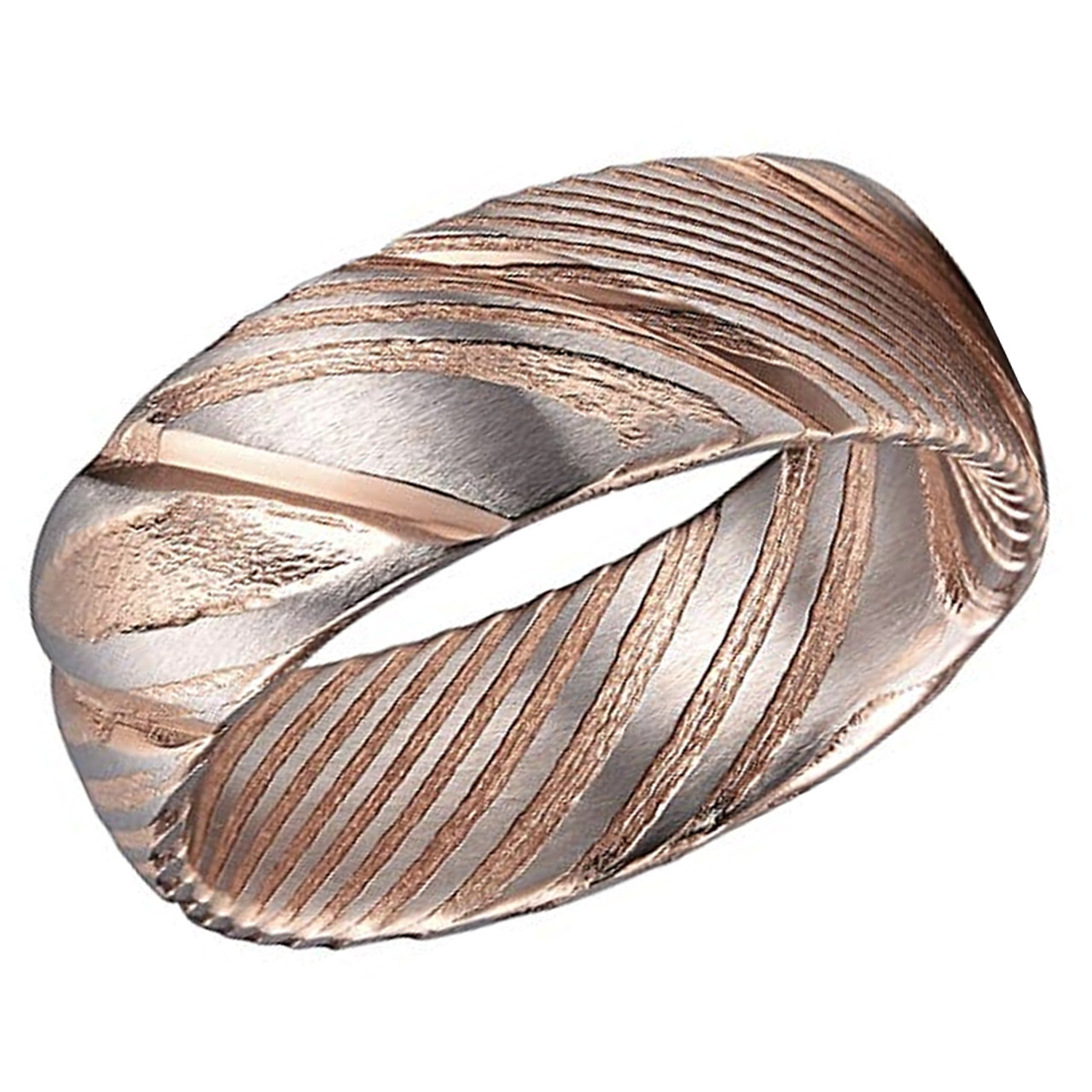 (8mm) Unisex or Men's Damascus Steel Ring with 14K Rose Gold and Silver Duo Tones. Damascus Wedding Band with Grooved Domed Top.