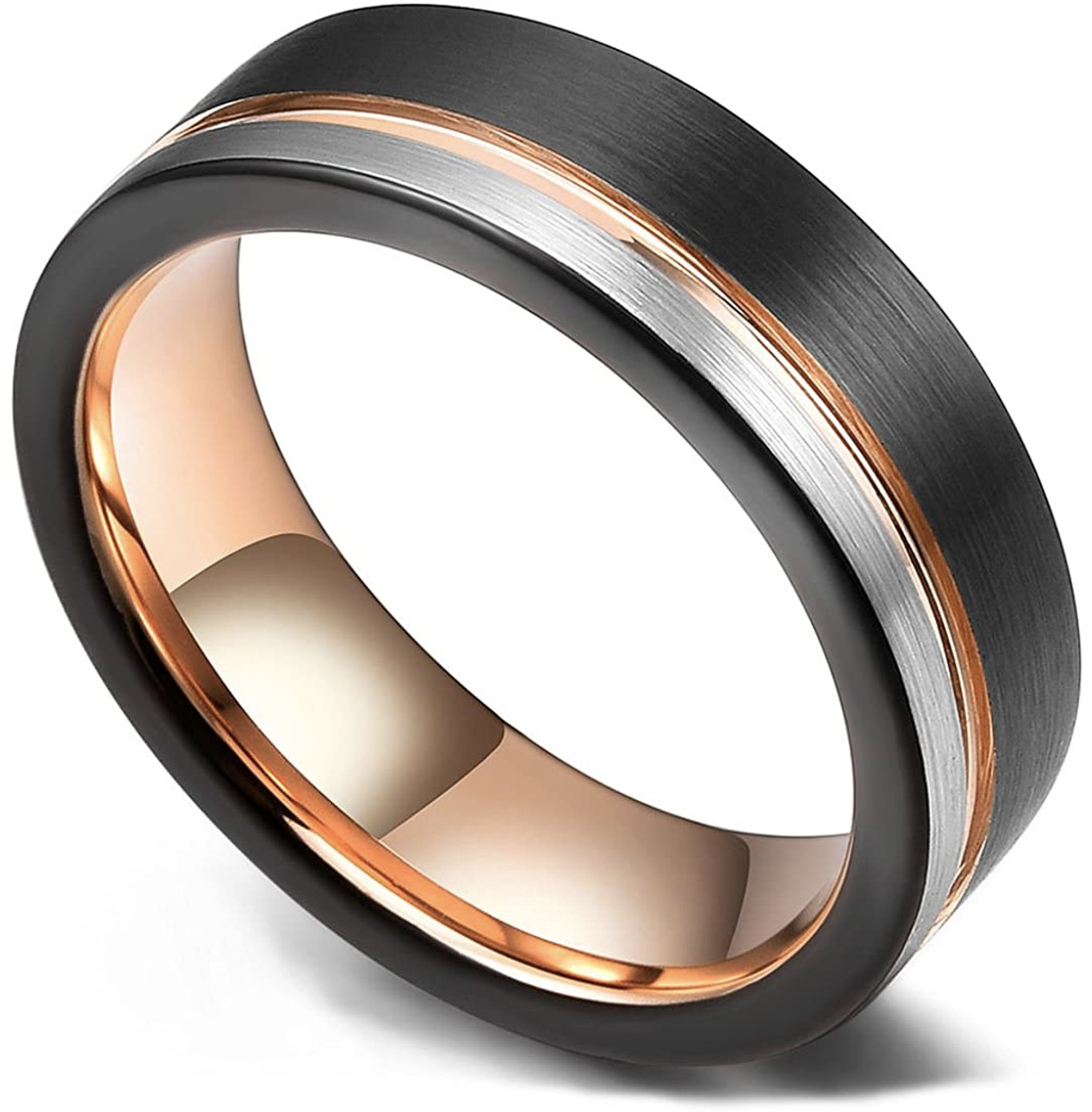 (6mm) Unisex or Women's Tungsten Carbide Wedding Ring Band. Three Tone Black, Rose Gold and Silver / Gray Tone Stripe Design. Comfort Fit.