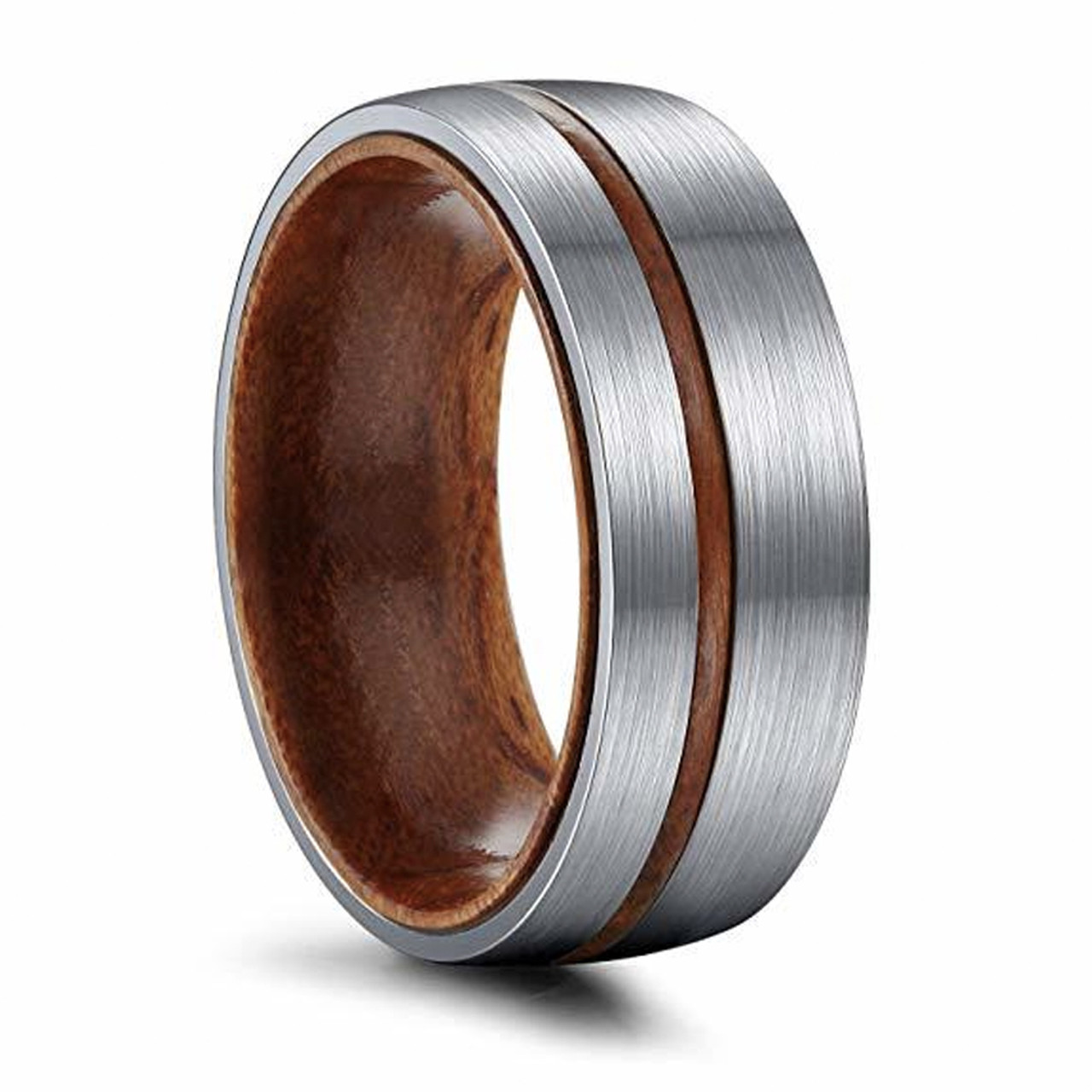 (8mm)  Unisex or Men's Titanium Wedding ring bands. Brushed Silver Tone Ring with Thin Striped Dark Wood Inlay and Smooth Wood Inside Band. Domed Light Weight Ring.