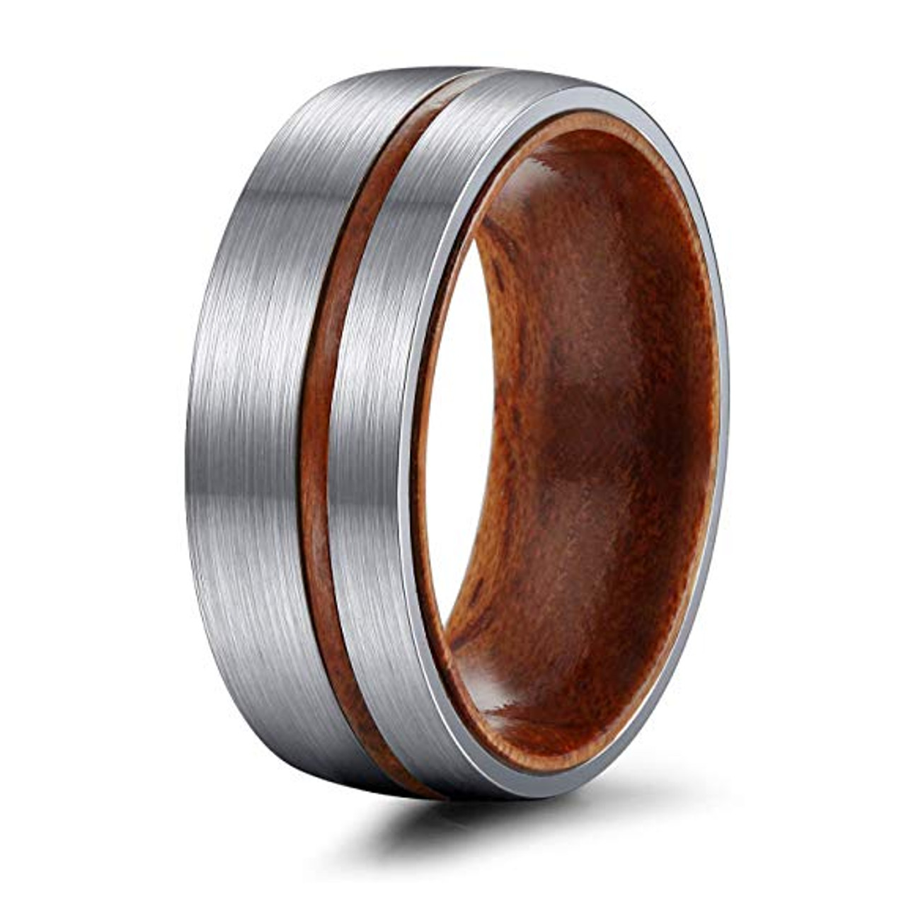 (8mm)  Unisex or Men's Titanium Wedding ring bands. Brushed Silver Tone Ring with Thin Striped Dark Wood Inlay and Smooth Wood Inside Band. Domed Light Weight Ring.