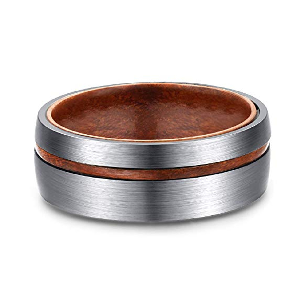 (8mm)  Unisex or Men's Titanium Wedding ring bands. Brushed Silver Tone Ring with Thin Striped Dark Wood Inlay and Smooth Wood Inside Band. Domed Light Weight Ring.