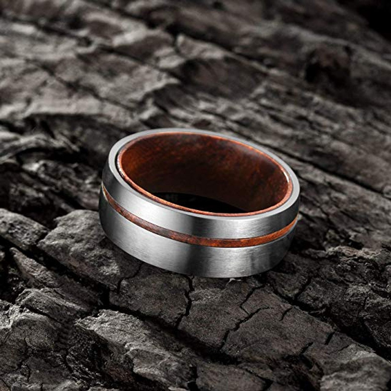 (8mm)  Unisex or Men's Titanium Wedding ring bands. Brushed Silver Tone Ring with Thin Striped Dark Wood Inlay and Smooth Wood Inside Band. Domed Light Weight Ring.