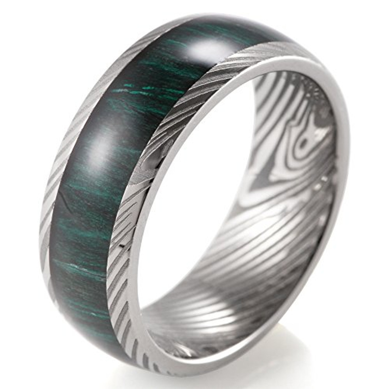 (8mm)  Unisex or Men's Inspired Damascus - Titanium Ring with Faux Engraved Damascus Stripes and Green Wood Domed Top