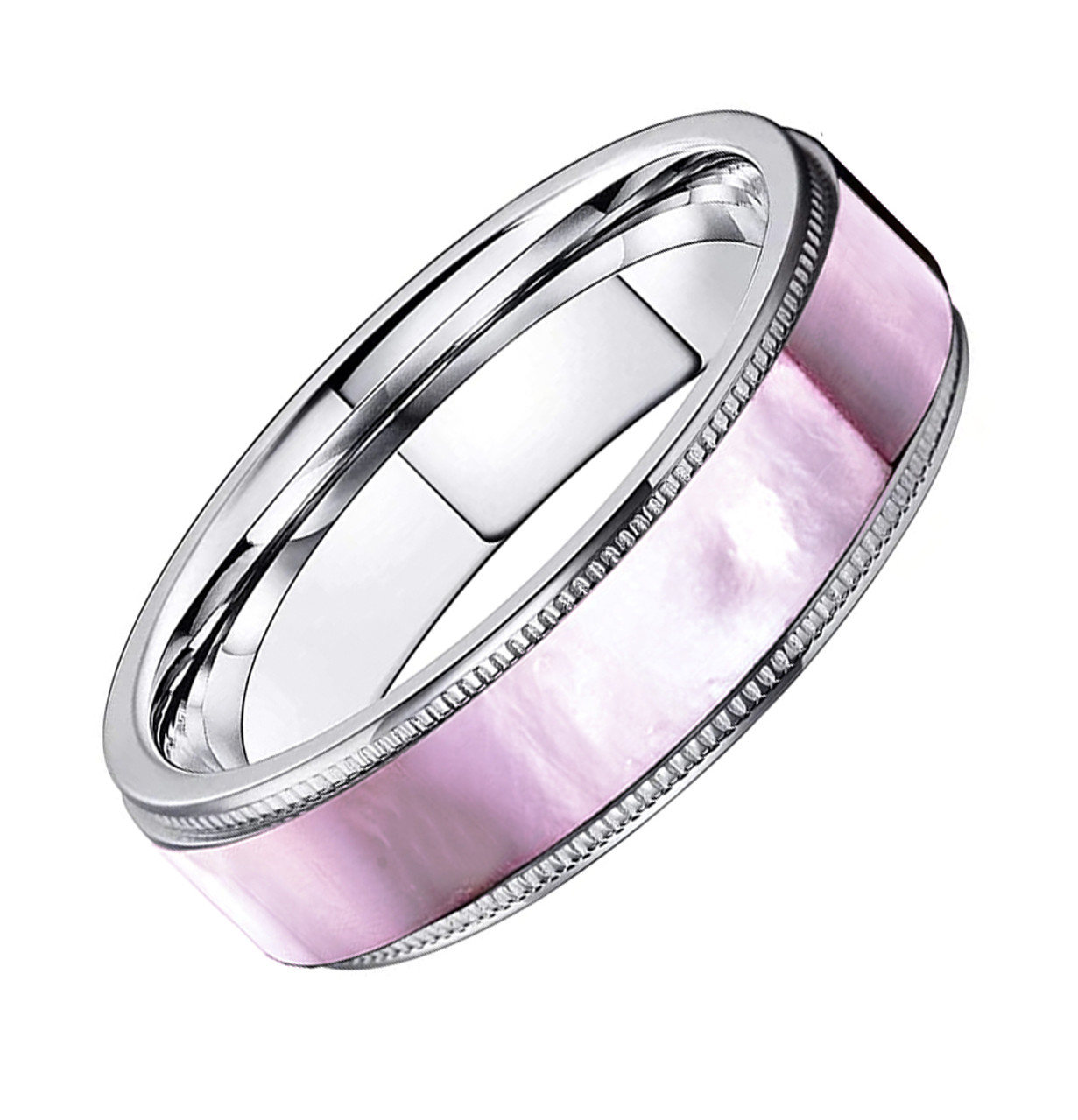 (5mm)  Unisex or Women's Titanium Wedding ring bands. Titanium Women's Pink Hues Mother of Pearl Inlaid Band Ring. Light Weight and Comfort Fit.