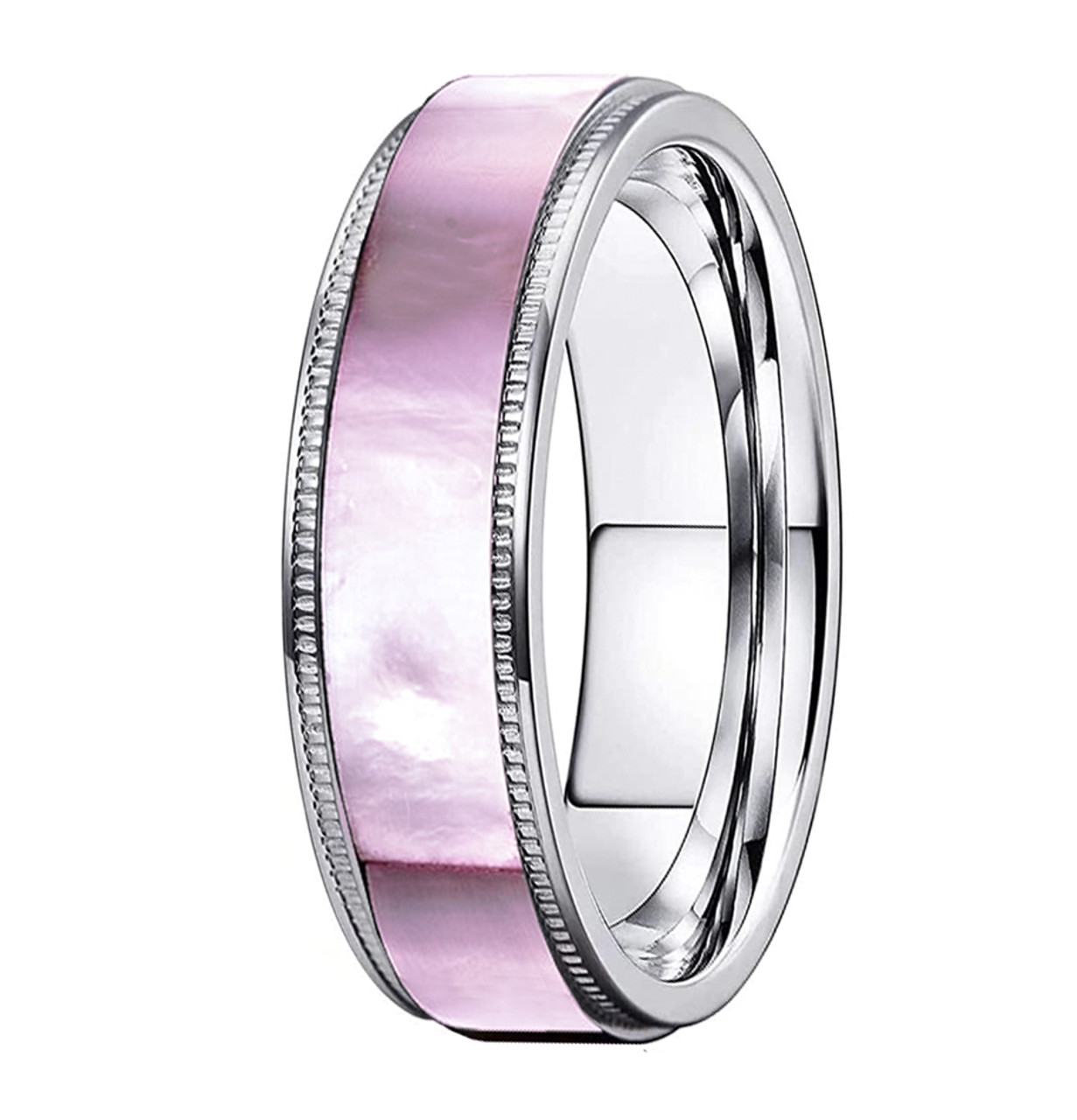 (5mm)  Unisex or Women's Titanium Wedding ring bands. Titanium Women's Pink Hues Mother of Pearl Inlaid Band Ring. Light Weight and Comfort Fit.
