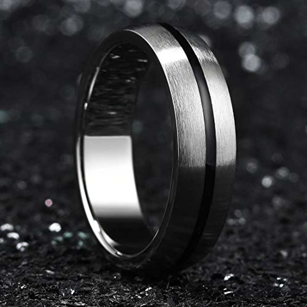 (7mm)  Unisex, Men's or Women's Titanium Wedding Ring - Black Center Grooved Matte Finish Dome Style