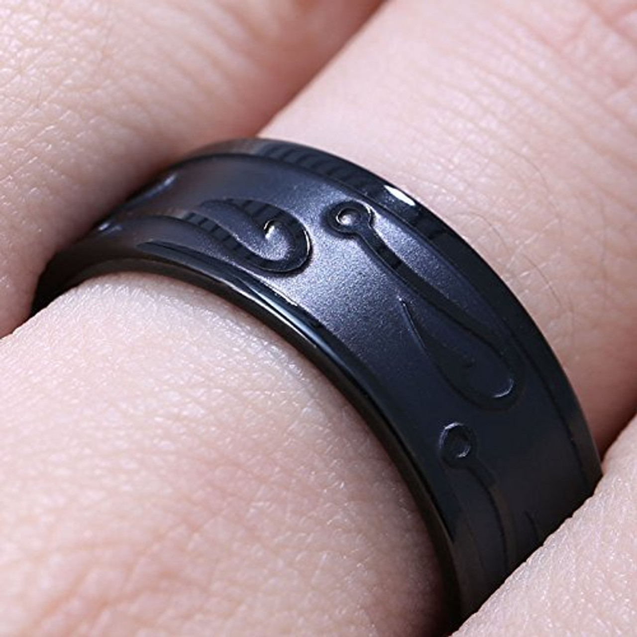 (8mm)  Unisex or Men's Fishing Ring / Fisherman's Wedding ring band. Black Titanium Band with Embossed Fish Hooks. Wedding ring band Comfort Fit Ring
