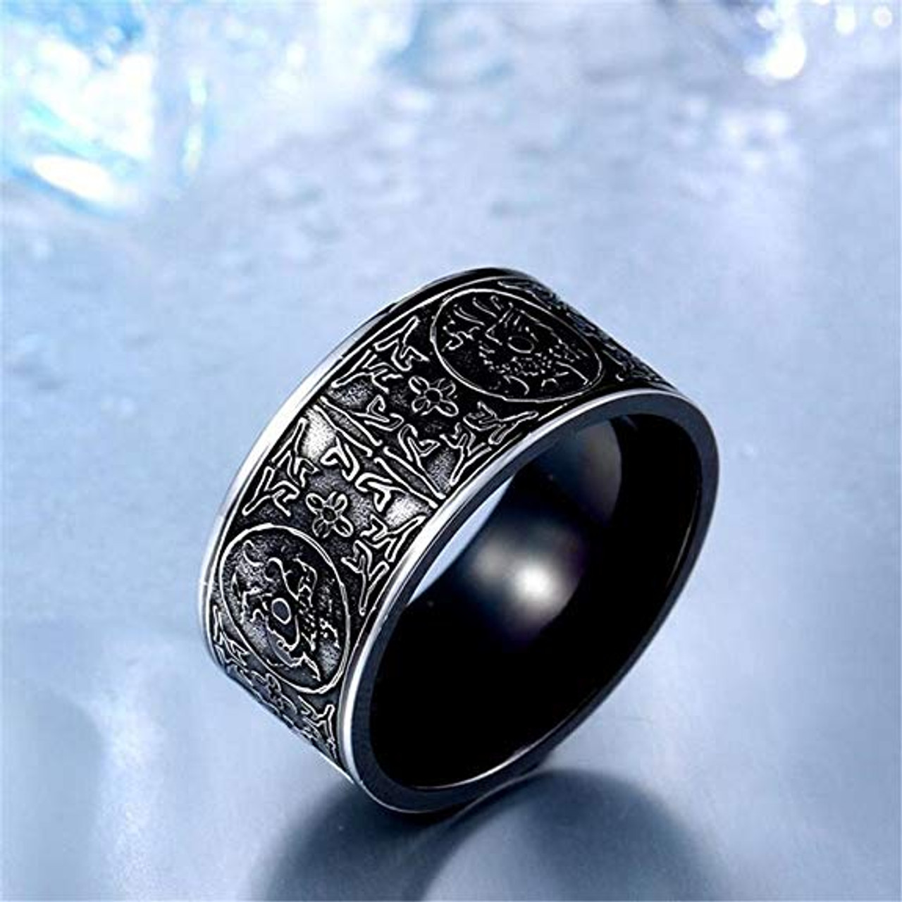 (8mm)  Unisex or Men's Titanium / Stainless Steel Wedding ring band. Ancient Dragon, White Tiger, etc. Carved Designs
