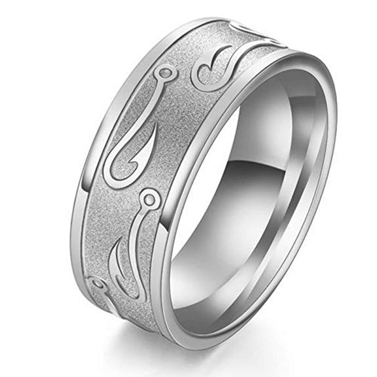 (8mm)  Unisex or Men's Fishing Ring / Fisherman's Wedding ring band. Silver Titanium Band with Embossed Fish Hooks. Wedding ring band Comfort Fit Ring