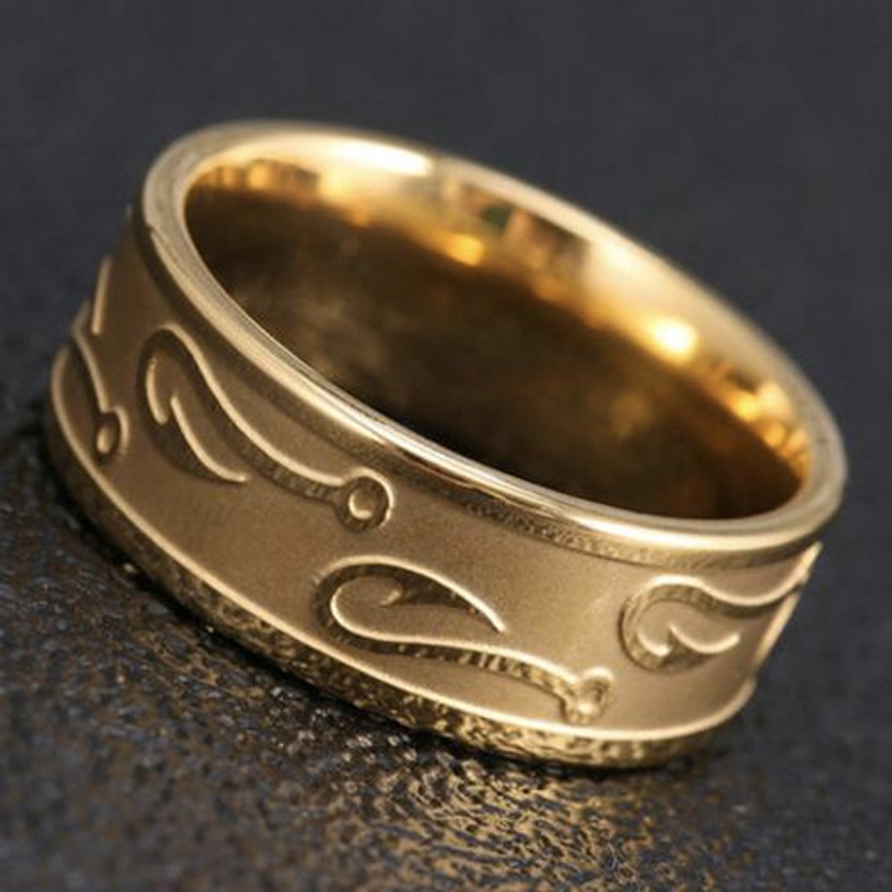 (8mm)  Unisex or Men's Fishing Ring / Fisherman's Wedding ring band. Gold Tone Titanium Band with Embossed Fish Hooks. Wedding ring band Comfort Fit Ring