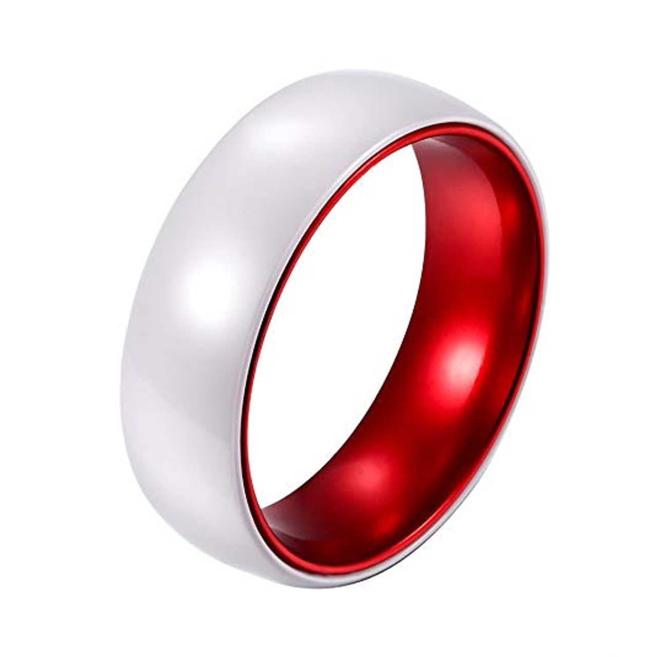 (8mm)  Unisex or Men's Ceramic Wedding ring bands White Band with Red Aluminum Inside. Men's Wedding Ring Domed Top.