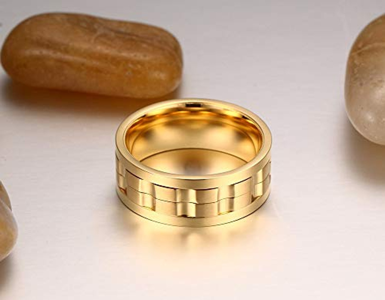 (9mm)  Unisex or Men's Stainless Steel Wedding ring band. Yellow Gold with Rotating Spinner Center Brick Style Ring