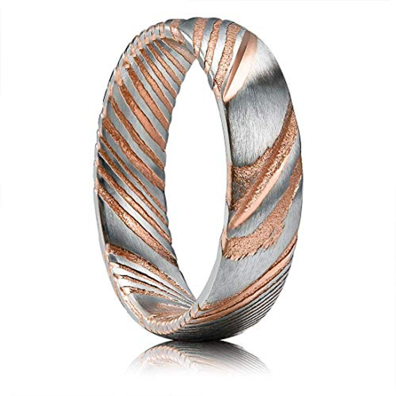 (6mm)  Unisex, Men's or Women's Damascus Steel Ring Wedding ring band. Rose Gold and Silver Tone Grooved with Domed Top and Light Weight.