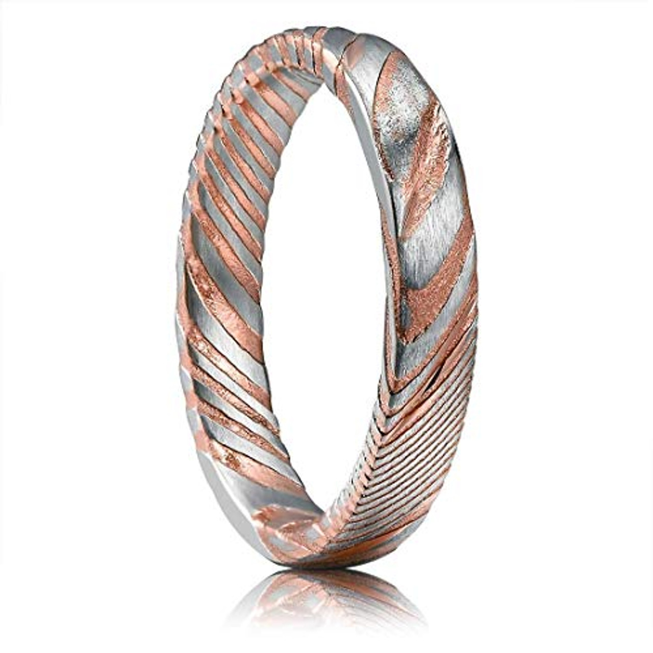 (4mm)  Women's Damascus Steel Ring Wedding ring band. Rose Gold and Silver Tone Grooved with Domed Top and Light Weight.