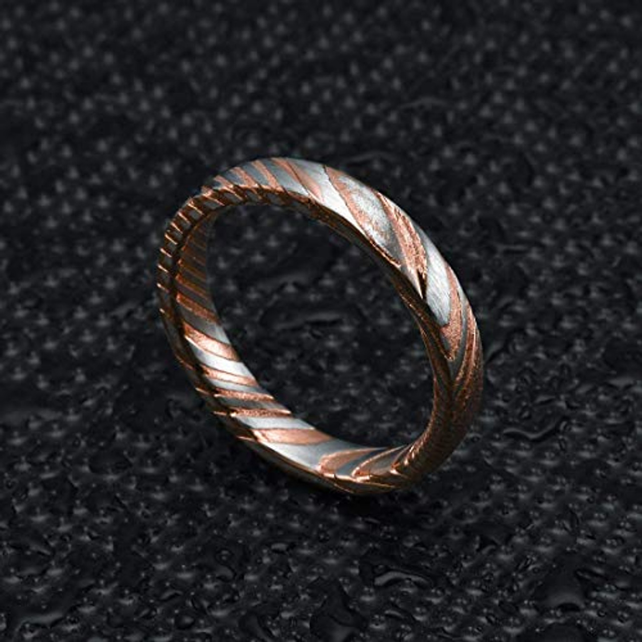 (4mm)  Women's Damascus Steel Ring Wedding ring band. Rose Gold and Silver Tone Grooved with Domed Top and Light Weight.