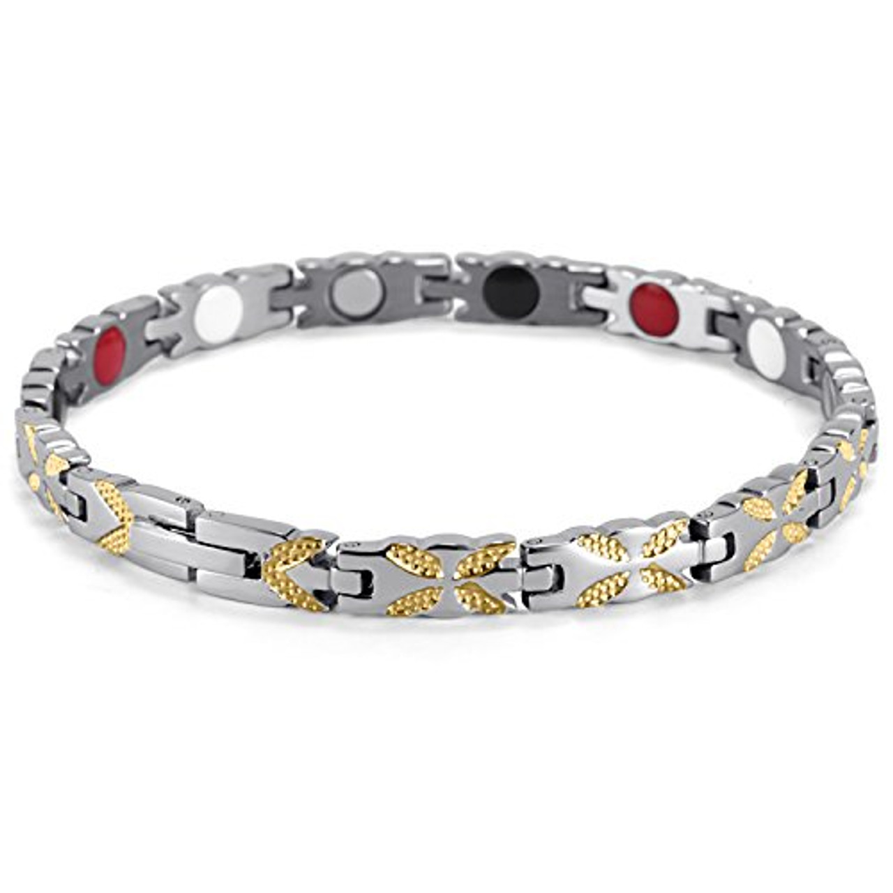 8" Inch Length - Women's Silver and Gold Stainless Steel Magnetic Bracelet (Magnets, far infrared, germanium, negative Ion bracelet)