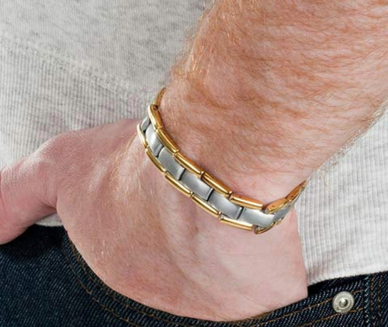 8.5" Inch Length - Men's Titanium Magnetic Bracelet - Silver and Gold Two Tone Adjustable