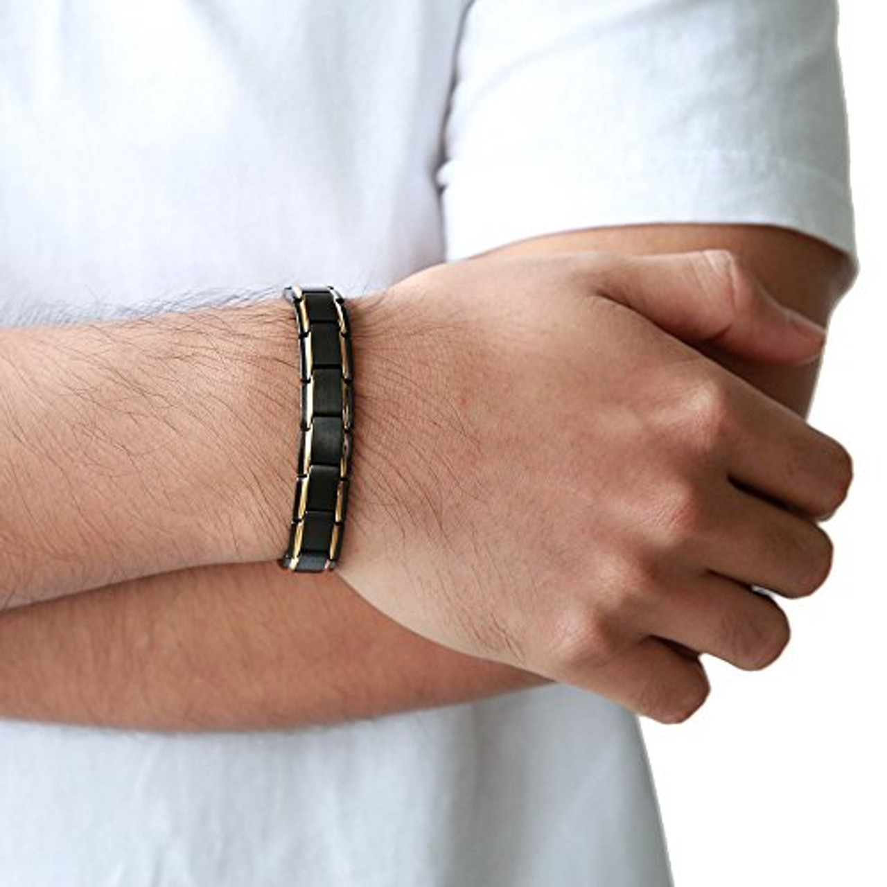 8.5" Inch Length -  Men's Stainless Steel Magnetic Bracelet - Gold Black Power Magnetic Stainless Steel Mens Link Bracelet