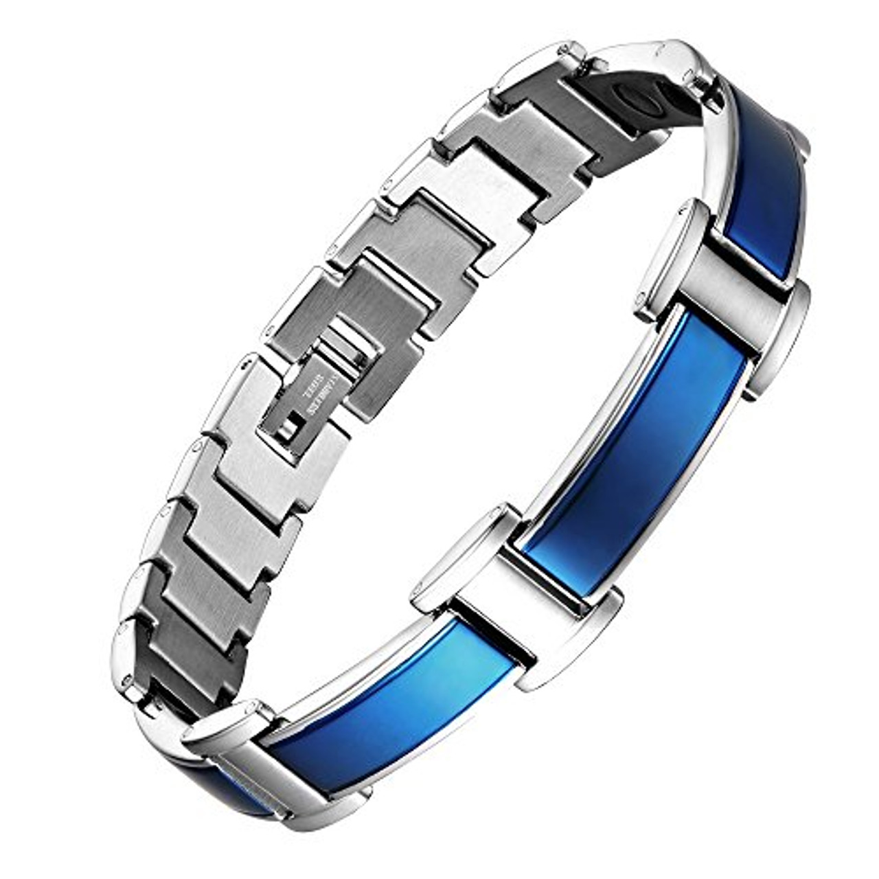 8.5 Inch Length - Men's Blue and Silver Titanium Magnetic Bracelet - Duo-tone links