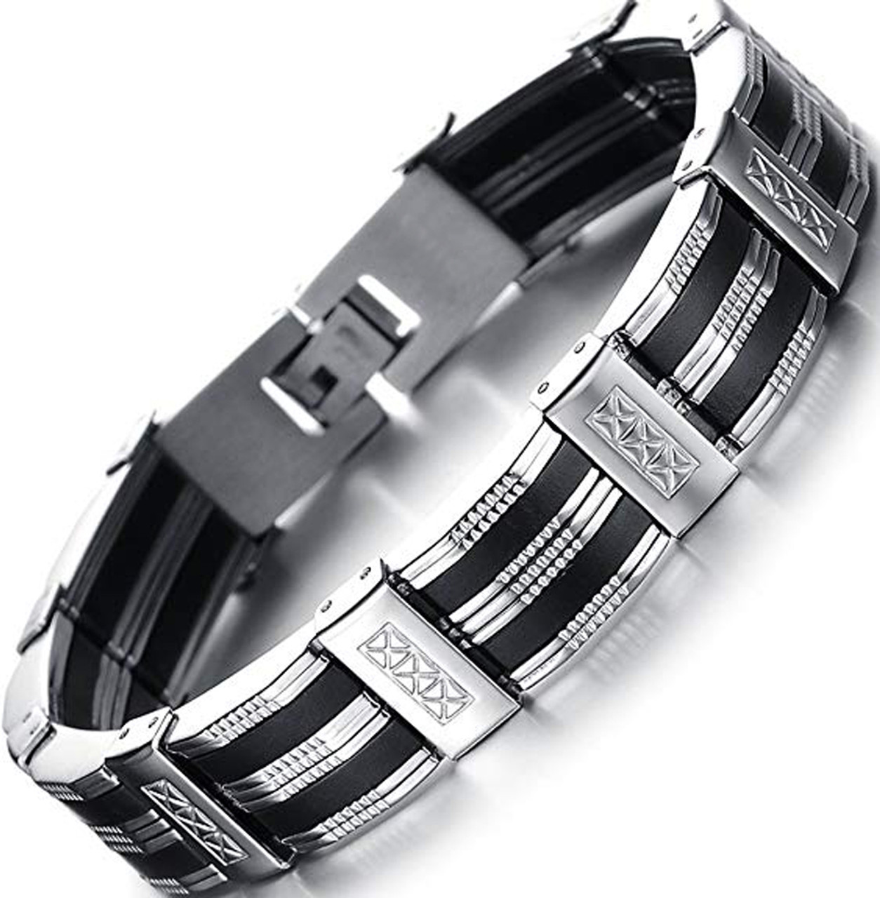 8.5" Inch Length - Black and Silver Unisex or Men's Bracelet. Two tone style Wedding Bracelet or Gift for Him.