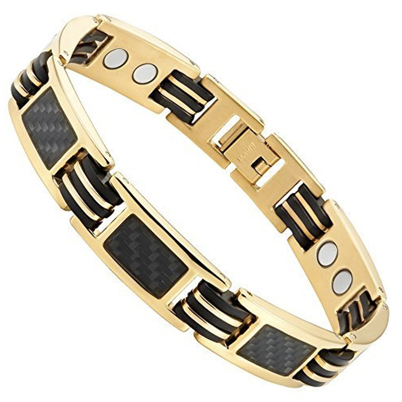 8.5" Inch Length - Men's Titanium Bracelet with Carbon Fiber - Black and Gold Magnetic Bracelet