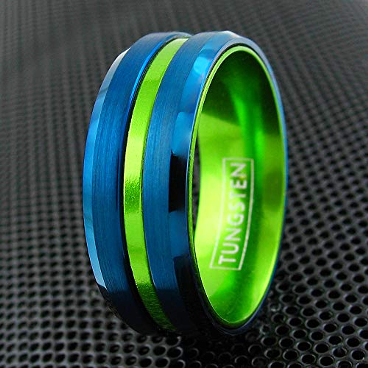 (8mm)  Unisex or Men's Tungsten Carbide Wedding ring band. Blue with Green Groove. Matte Finish Tungsten Carbide Ring. Beveled Edge