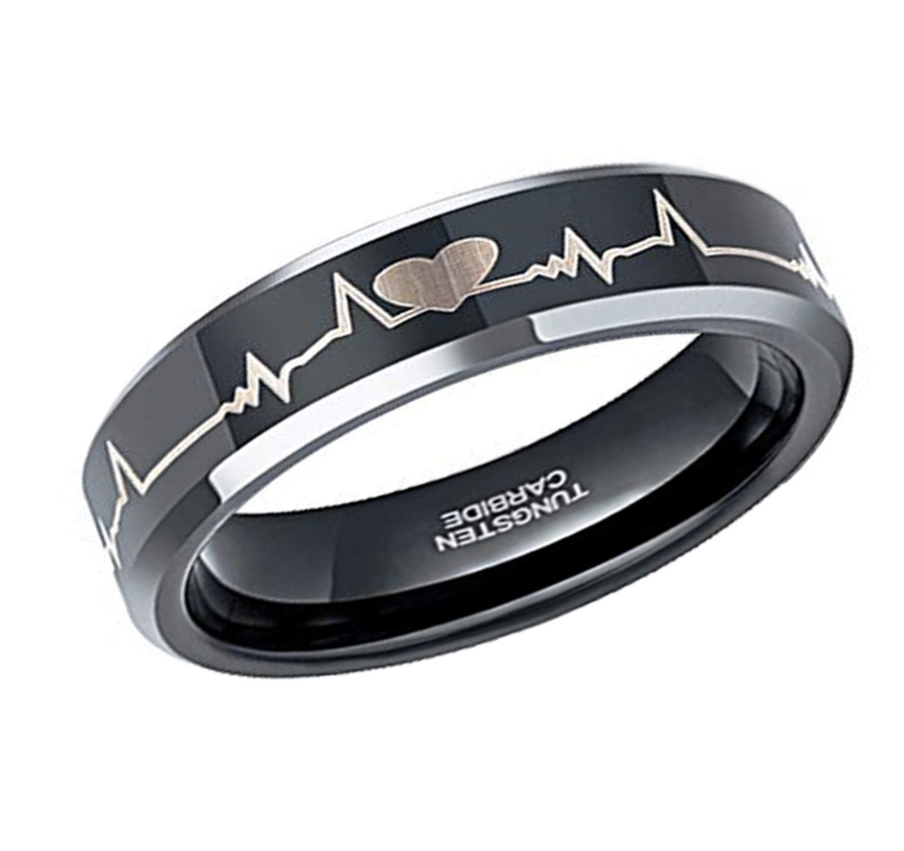 (6mm)  Unisex or Women's EKG Heartbeat Wedding ring band. Black Tungsten Carbide with Silver Tone Edges. Laser Etched Heart Life-line. Comfort Fit Ring