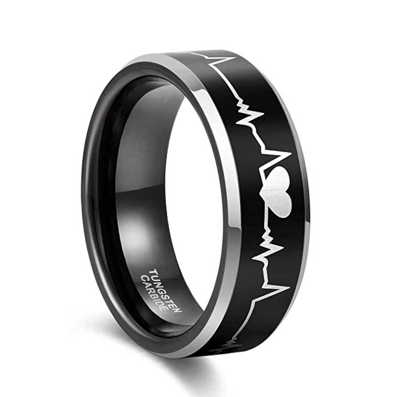 (8mm)  Unisex or Men's EKG Heartbeat Wedding ring band. Black Tungsten Carbide with Silver tone edges. Laser Etched Heart Life-line. Comfort Fit Love Ring