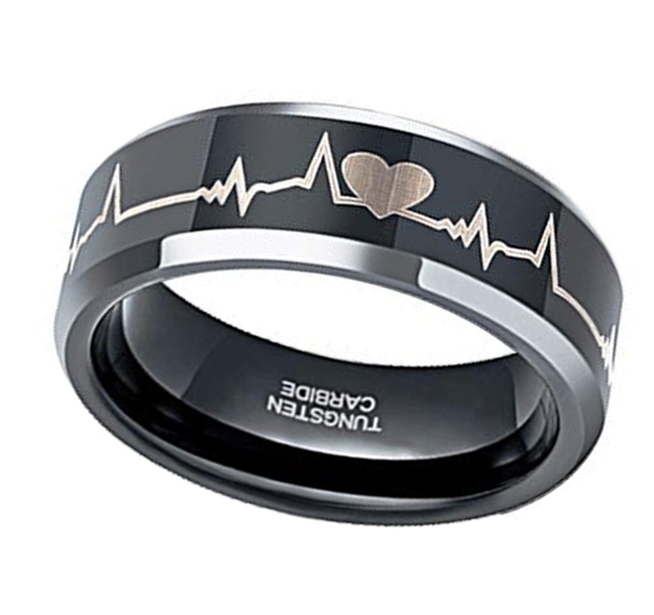 (8mm)  Unisex or Men's EKG Heartbeat Wedding ring band. Black Tungsten Carbide with Silver tone edges. Laser Etched Heart Life-line. Comfort Fit Love Ring