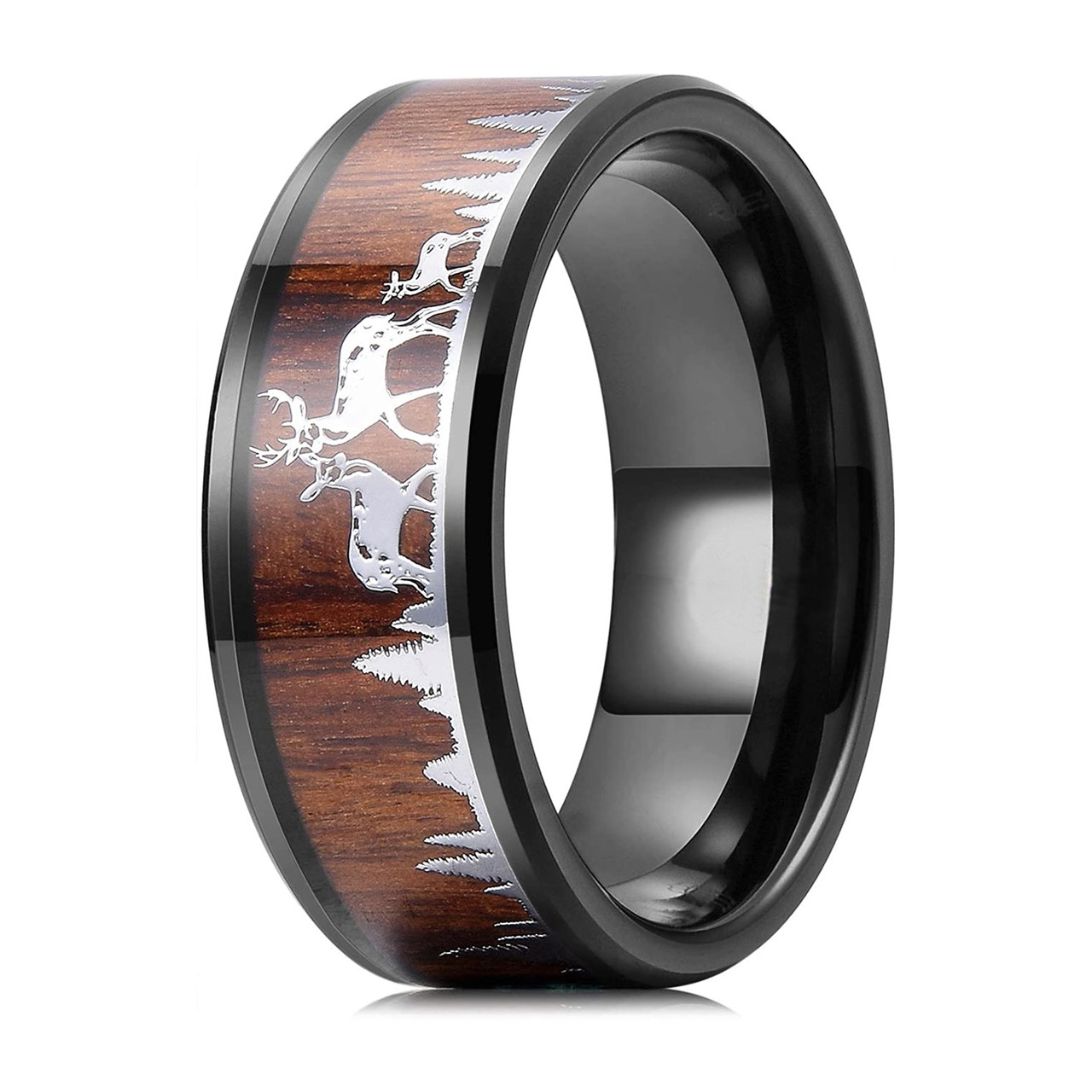 (8mm)  Unisex or Men's Hunting Ring / Deer Crossing Wedding ring band. Black Tungsten Carbide Band with Deer Silhouette over Real Koa Wood. Hunter's Wedding ring band Comfort Fit Ring