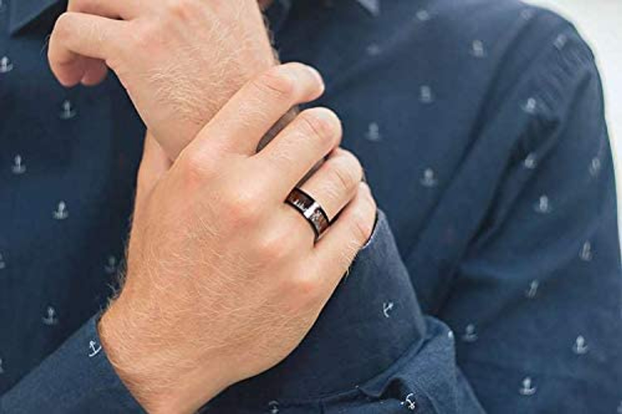 (8mm)  Unisex or Men's Hunting Ring / Deer Crossing Wedding ring band. Black Tungsten Carbide Band with Deer Silhouette over Real Koa Wood. Hunter's Wedding ring band Comfort Fit Ring