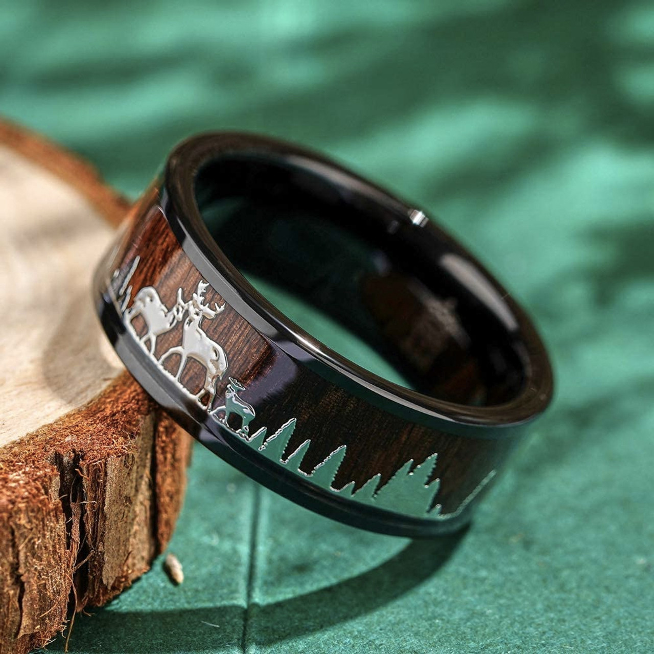 (8mm)  Unisex or Men's Hunting Ring / Deer Crossing Wedding ring band. Black Tungsten Carbide Band with Deer Silhouette over Real Koa Wood. Hunter's Wedding ring band Comfort Fit Ring