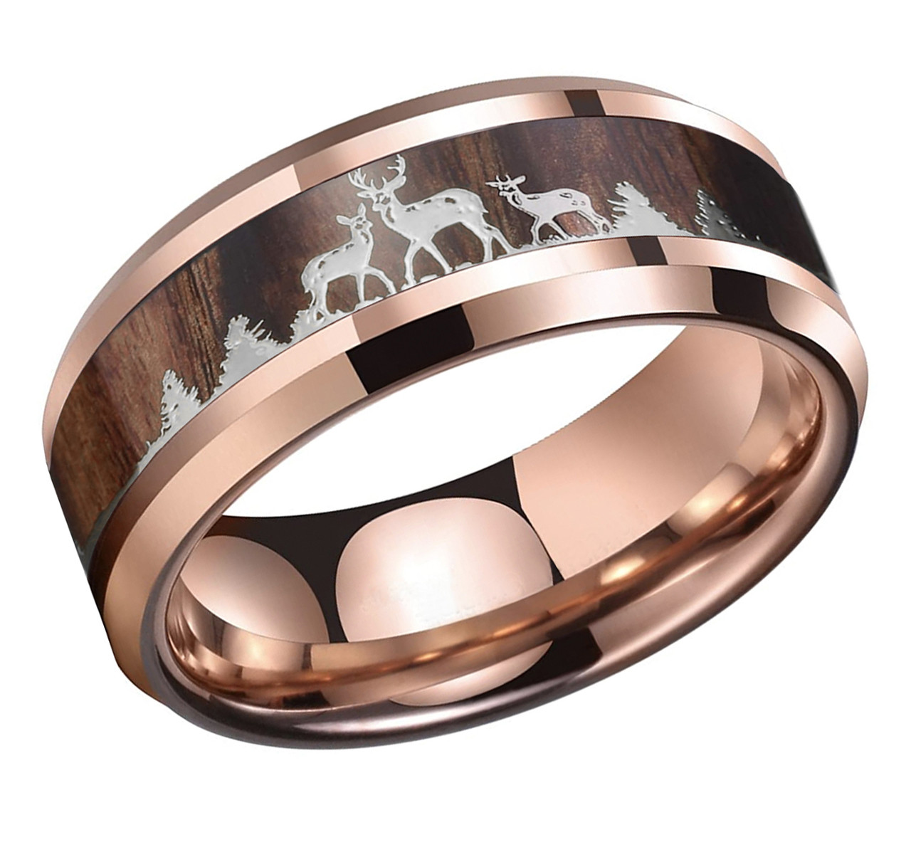 (8mm)  Unisex or Men's Hunting Ring / Deer Crossing Wedding ring band. Rose Gold Tungsten Carbide Band with Deer Silhouette over Real Koa Wood. Hunter's Wedding ring band Comfort Fit Ring