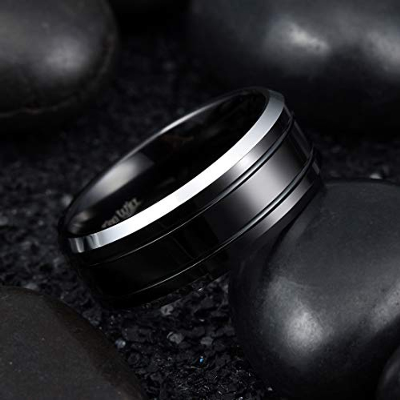 (8mm)  Unisex or Men's Tungsten Carbide Wedding ring bands. Duo Tone Black and Silver - High Polished Silver Tone Beveled Edge Double Groove Tungsten Carbide Band