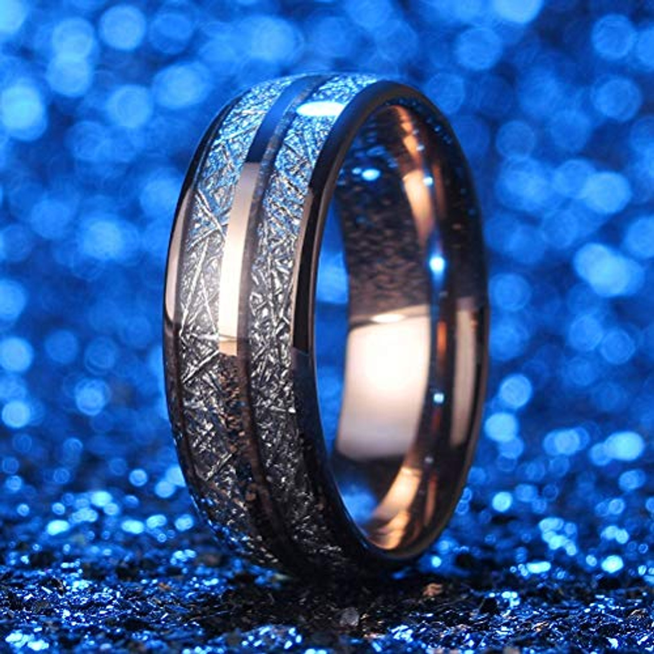 (8mm)  Unisex or Men's Tungsten Carbide Wedding ring band. Rose Gold Double Line Inspired Meteorite Domed Tungsten Carbide Ring. Comfort Fit